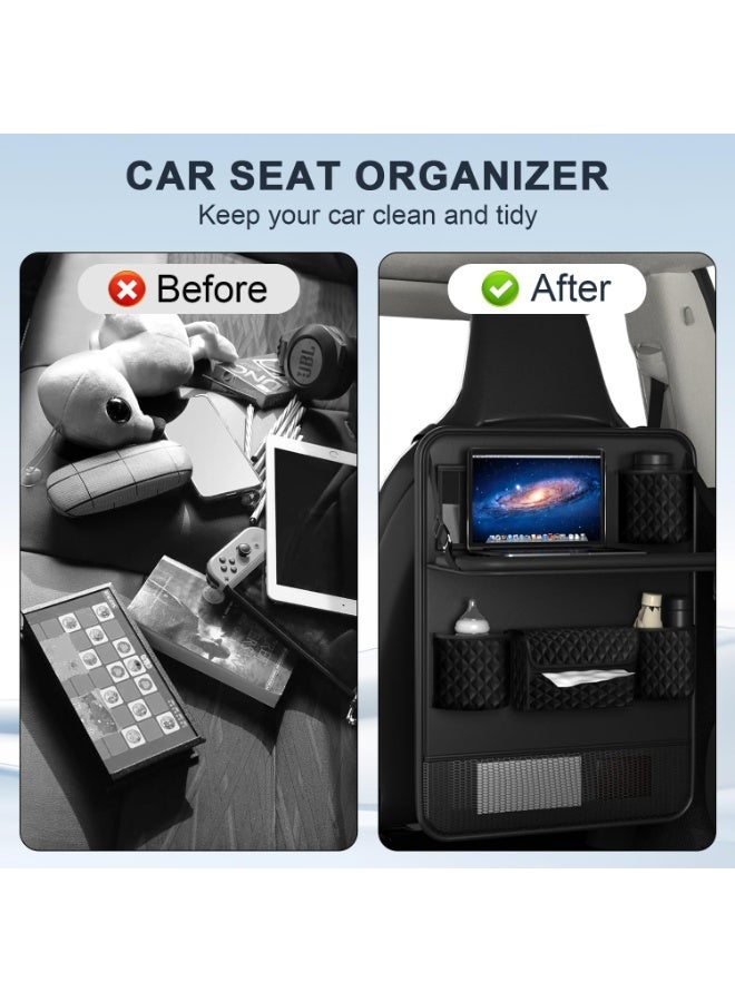 SYOSI Backseat Car Organizer, Car Backseat Organizer With Foldable Tray, Kick Mats Seat Protector for Kids, Waterproof Multi-Pocket Storage for Road Trips, SUV and Car Interior (Black) - Image 2